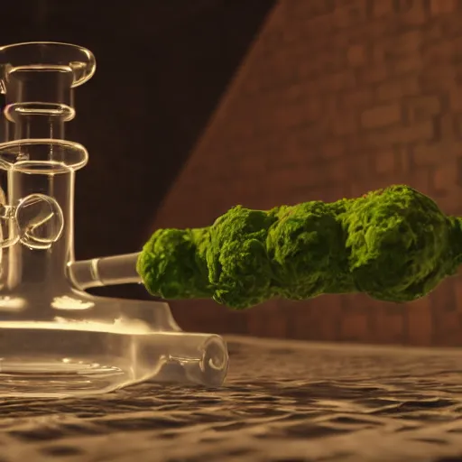 Image similar to beaker bong. cannabis weed nugs, water pipe, fire, smoke, octane render, 8 k, ultra hd, unreal engine 5, ray tracing