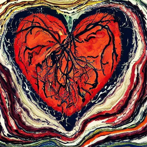 Prompt: jackson pollock painting of an anatomically correct human heart with atria, ventricles and aorta