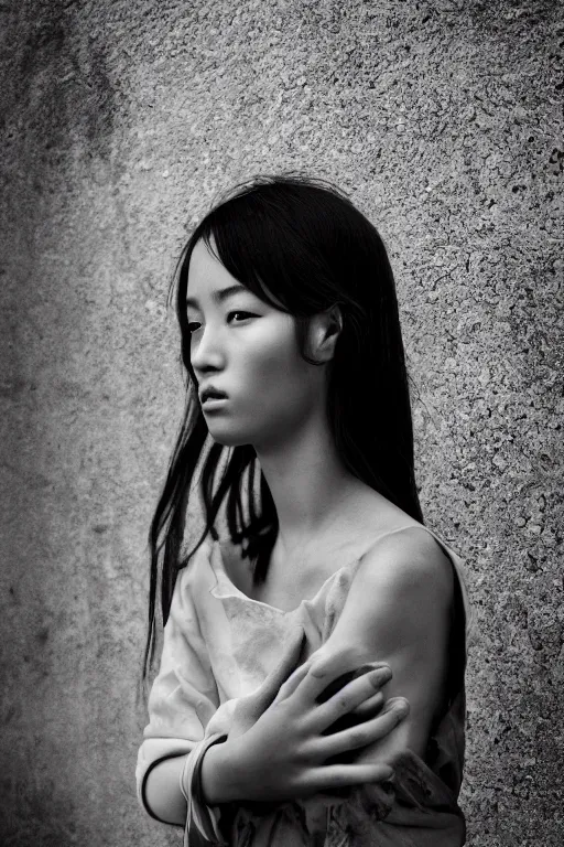 Prompt: a stunning intricate portrait of a oriental girl, black and white, epic character composition, by alessio albi, nina masic, soft focus, vertical portrait, natural lighting, f 2, 5 0 mm, classic chrome, film grain, cinematic lighting