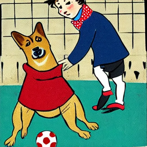 Image similar to book illustration of a french boy on the streets of paris playing football against a corgi, the dog is wearing a polka dot scarf, 1 9 6 6