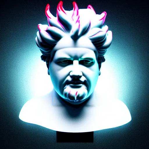 Image similar to sci - fi cgartist wide shot anaglyph ambient occlusion rendering of a hyper realistic marble greek statuary regal god head resembling guy fieri glowing with embedded vaporwave leds product photo high key colored lighting, trending on artstation volumetric lighting