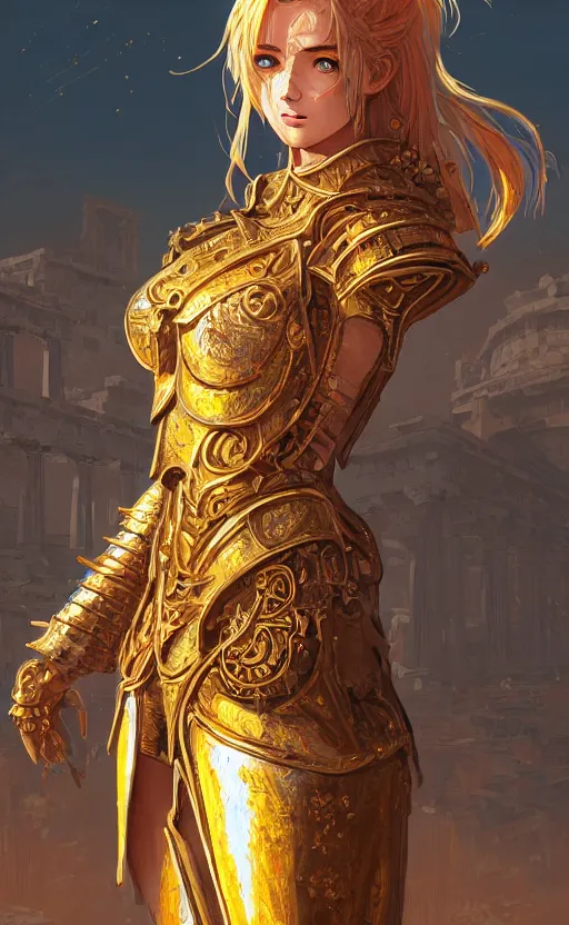 Image similar to portrait knights of zodiac girl, golden and copper shining armor, in ruined agora of athens sunrise, ssci - fi and fantasy, intricate and very very beautiful and elegant, highly detailed, digital painting, artstation, concept art, smooth and sharp focus, illustration, art by tian zi and wlop and z - - ed and ilya kuvshinov