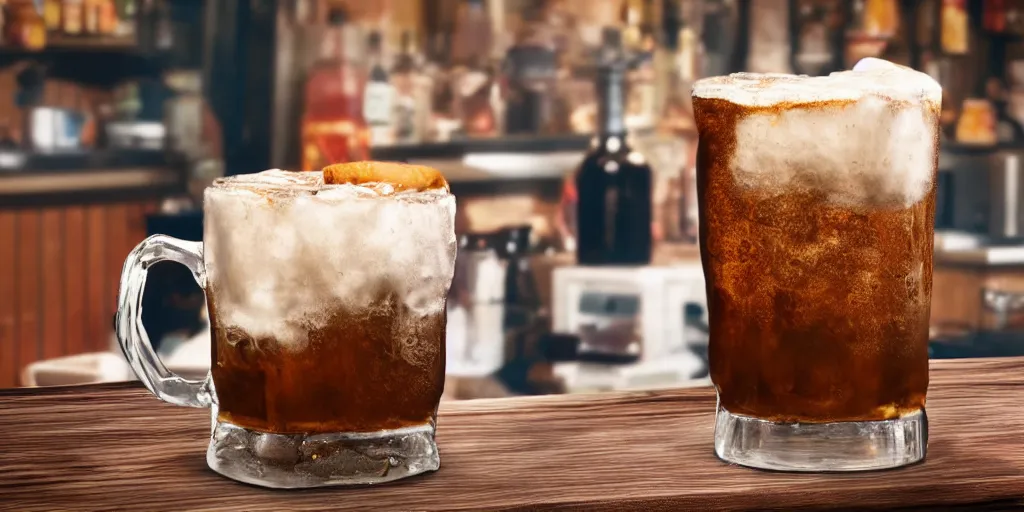 Image similar to a 3 d rendered movie still product shot an old - fashioned a & w root beer in a frosty mug. the mug sits on a wooden bar at a diner. imax, 7 0 mm dramatic lighting blade runner