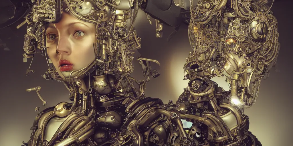 Image similar to portrait of a Mechanical girl, ornamental, photorealism, wide angle, cinematic atmosphere, elaborate, highly detailed, ornate, shiny, dramatic lighting, octane render, oil painting by Gustave Baumann,-H 1024