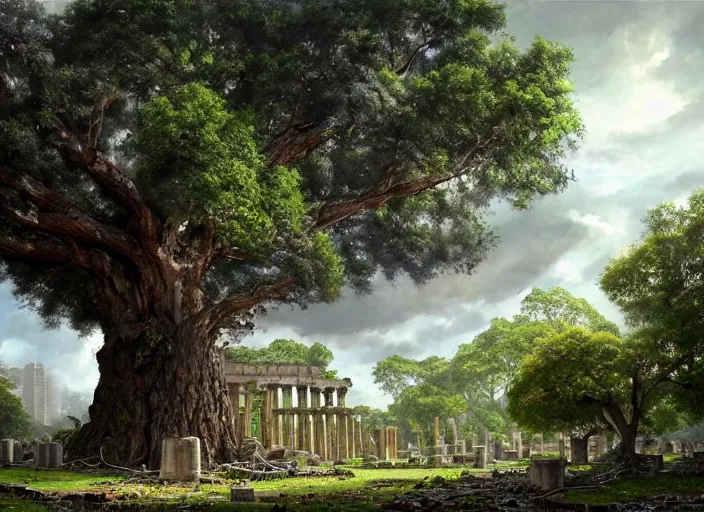 Prompt: oak tree growing in the ruins of an ancient city, many scrap cars, plastic waste, metal waste, ancient greek ruins, rubble, gray dull background, vibrant colorful green leaves, hyperrealistic, highly detailed, cinematic, single ray of golden sunlight, beautiful, cgssociety, artstation, oil painting by greg rutkowski, by artgerm, by wlop