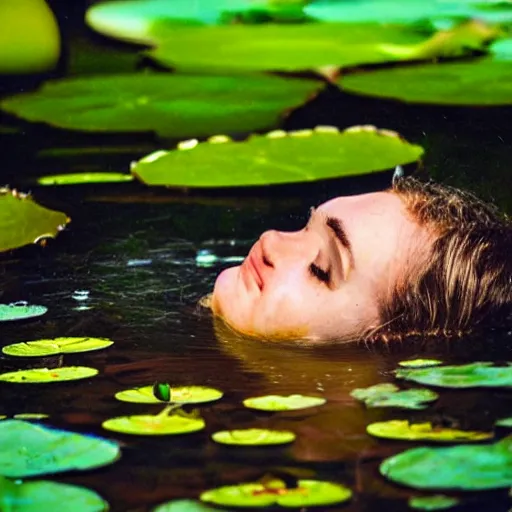 Prompt: A face submerged in shallow water surrounded by lily pads and other vegetation. The eyes are glowing and there is a hand reaching out towards you