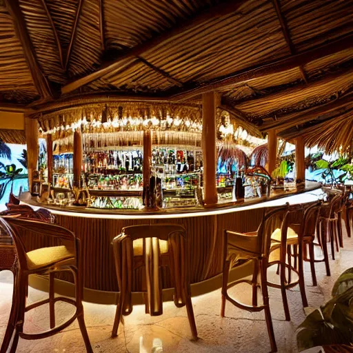 Prompt: an amazing tropical bar in the carribbeans, pina coladas and other delicious malibu coctails on the bar. intricate, elegant, highly detailed, stylish