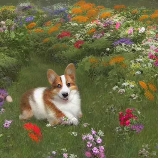 Prompt: corgi puppy in a flower garden, lifelike, hyperrealistic, extremely detailed digital illustration, greg rutkowski, artgerm, moebius, ruan jia, makoto shinkai, award - winning, masterpiece, trending on artstation, 8 k