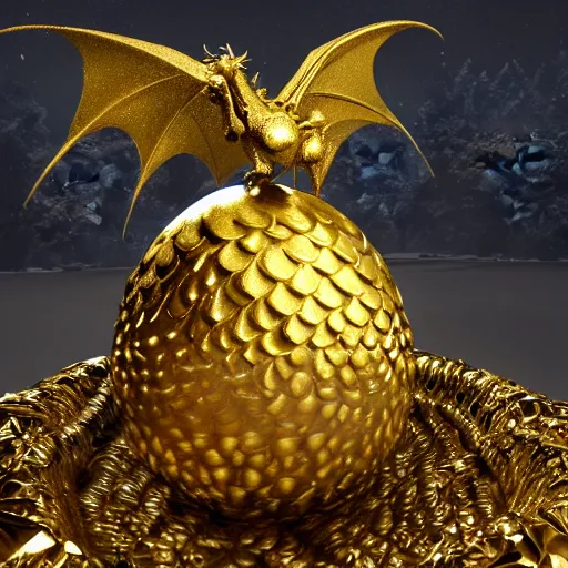 Image similar to glowing metallic dragon scale egg sitting on a nest of gold objects, photorealistic, symmetrical, unreal engine