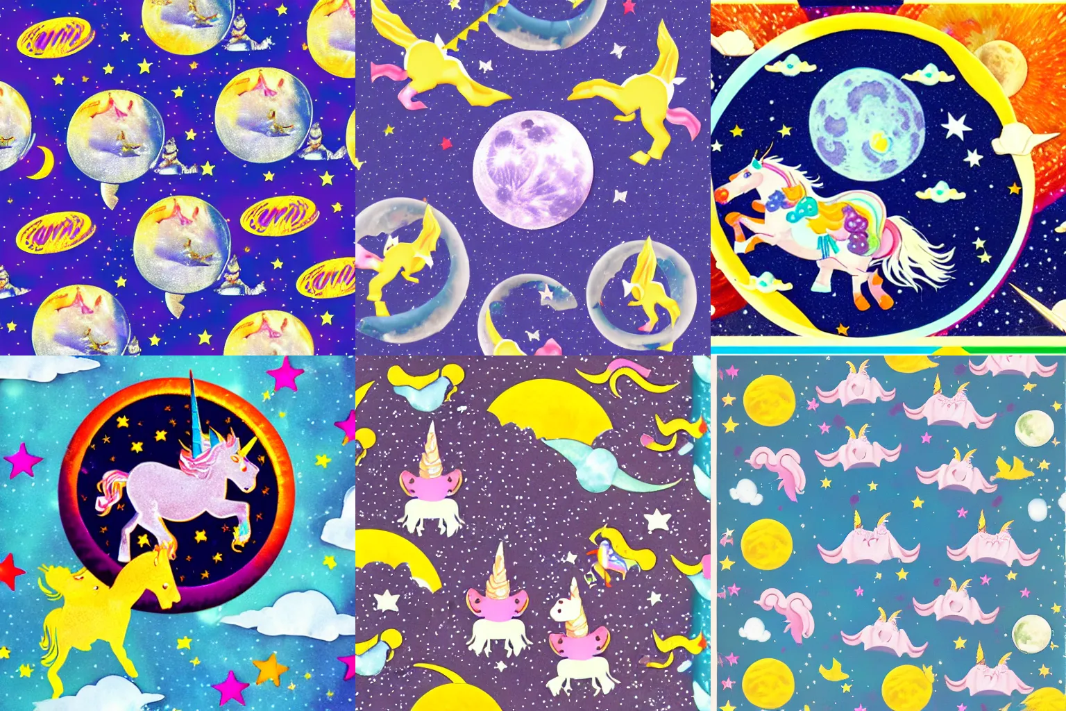 Prompt: cheese moon with flying unicorns in space, 90s collage style