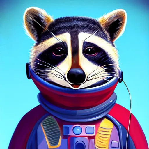 Image similar to painting of an anthropomorphic raccoon astronaut with ref half - furaffinity, digital painting, detailed, by disney, pixar