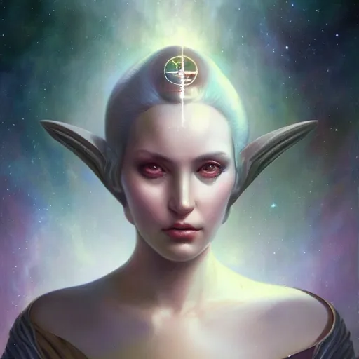 Image similar to a beautiful portrait of a cosmic goddess by Jim Burns and Tom Bagshaw, Trending on Artstation, nebula background