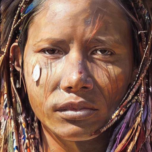 Image similar to high quality high detail painting by jenny saville, hd, a skinny beautiful indigenous woman tribe leader, hair in wind, many pretty feathers, photorealistic lighting