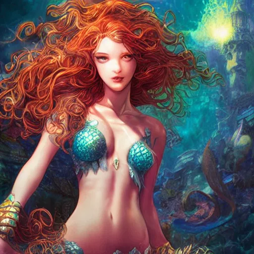 Image similar to character portrait of the mermaid Princess of Atlantis, color page, 4K, tone mapping, Akihiko Yoshida, James_Jean_Andrei_Riabovitchev_Marc_Simonetti, Yoshitaka Amano, digital illustration, curls