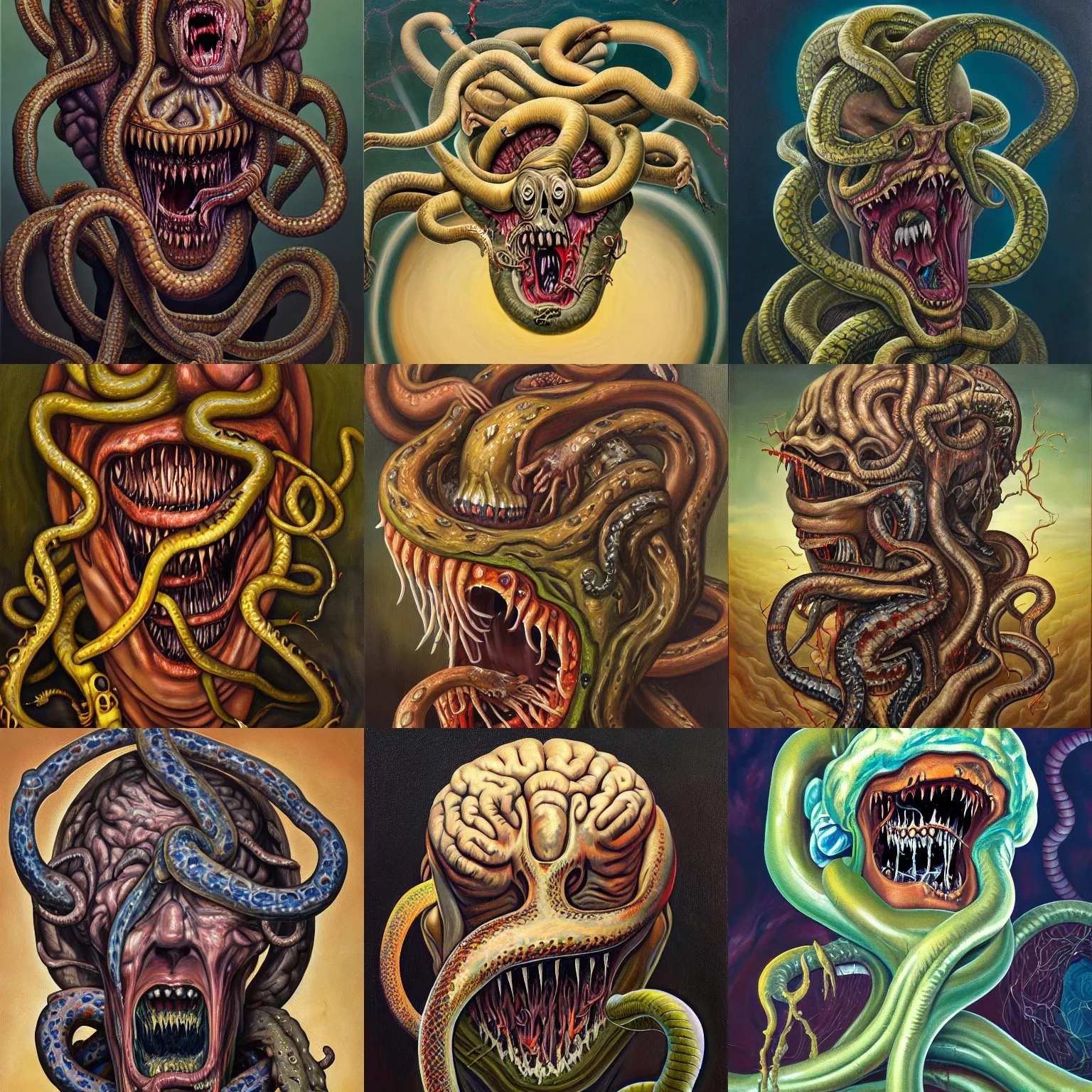 Prompt: an oil on canvas painting of a screaming decapitated man's partially decomposing face with many biting serpents slithering out of his exposed brain, a surrealist painting, polycount, surrealism, surrealist, lovecraftian, cosmic horror, high detailed
