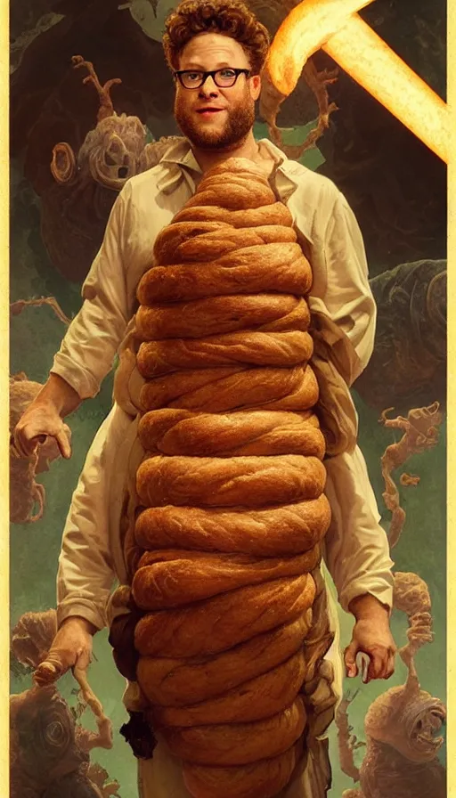 Prompt: seth rogen as bread roll creature hybrid, gorgeous lighting by weta studio, mucha, bautista and norman rockwell and greg rutkowski and tom bagshaw and james gurney and lucasfilm