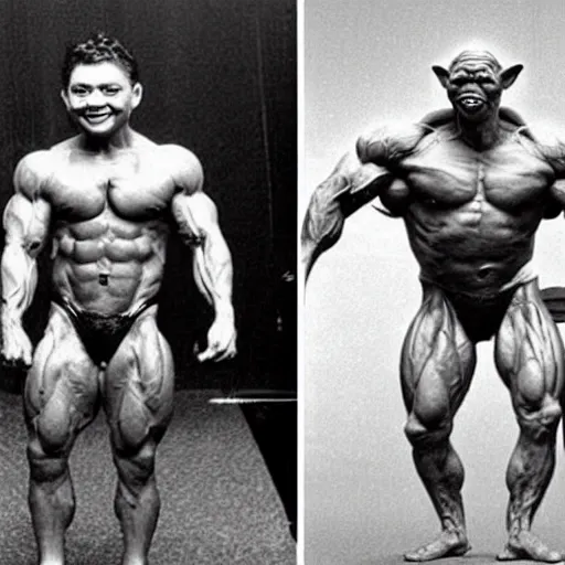 Image similar to yoda's before and after bodybuilding phots, highly detailed
