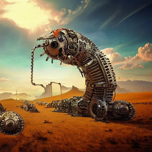 Prompt: giant robotic steampunk centipede in a desert, extremely detailed, hdr, unreal engine, robotic, retro, beautiful, sunny, intense, cinematic lighting,