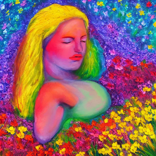 Prompt: rainbow person laying in a flower meadow, colorful oil painting