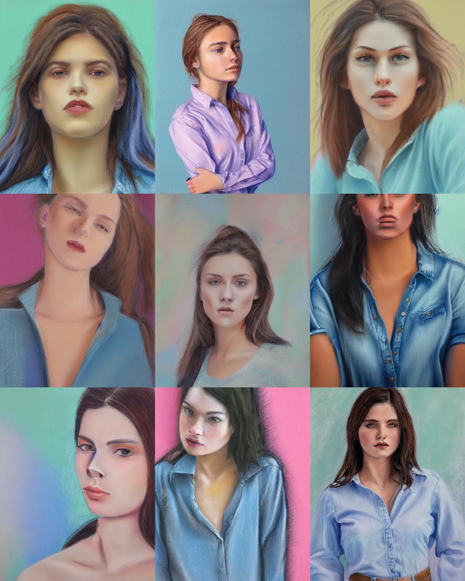 Prompt: frontal portrait of young woman, shirt and jeans, pastel painting, body close up