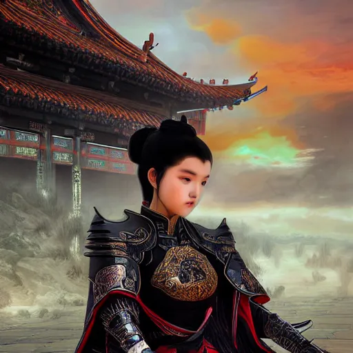 Image similar to portrait black hair young knights of Dynasty Warriors girl, metallic red armor, in ruin chinese temple rooftop sunset, ssci-fi and fantasy, intricate and very beautiful and elegant, highly detailed, digital painting, soft light, artstation, concept art, smooth and sharp focus, illustration, art by tian zi and WLOP and alphonse mucha