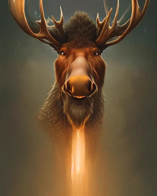 Image similar to highly detailed surreal vfx portrait of a sacred moose, stephen bliss, unreal engine, greg rutkowski, loish, rhads, beeple, makoto shinkai and lois van baarle, ilya kuvshinov, rossdraws, tom bagshaw, alphonse mucha, global illumination, detailed and intricate environment