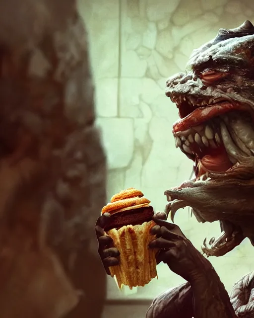 Image similar to highly detailed closeup, face profile portrait of a movie gremlin eating cakes in the cathedral, depth of field, fashion photoshoot by hyung tae, frank frazetta, bosch, giger, breathtaking, detailed and intricate environment, 8 k resolution, hyperrealistic, octane render