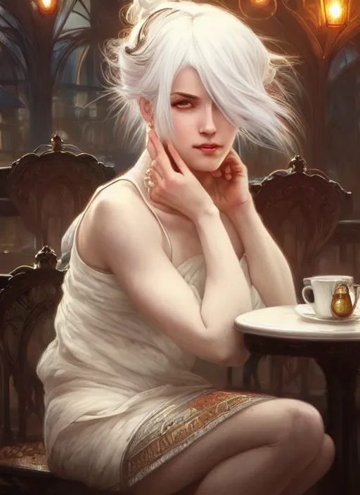 Image similar to a beautiful girl with white hair and bangs, sitting in a cafe, fantasy, intricate, elegant, highly detailed, digital painting, artstation, concept art, matte, sharp focus, illustration, art by Artgerm and Greg Rutkowski and Alphonse Mucha