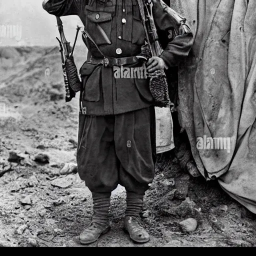 Prompt: Kurdish soldier wearing Kurdish clothes, ww1 trench, war photo, award winning photo