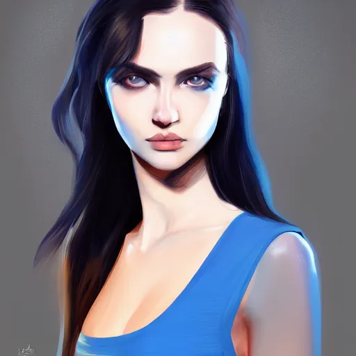 Image similar to a girl wearing a crop top, dark hair, blue eyes, highly detailed, digital painting, artstation, concept art, smooth, sharp focus, illustration