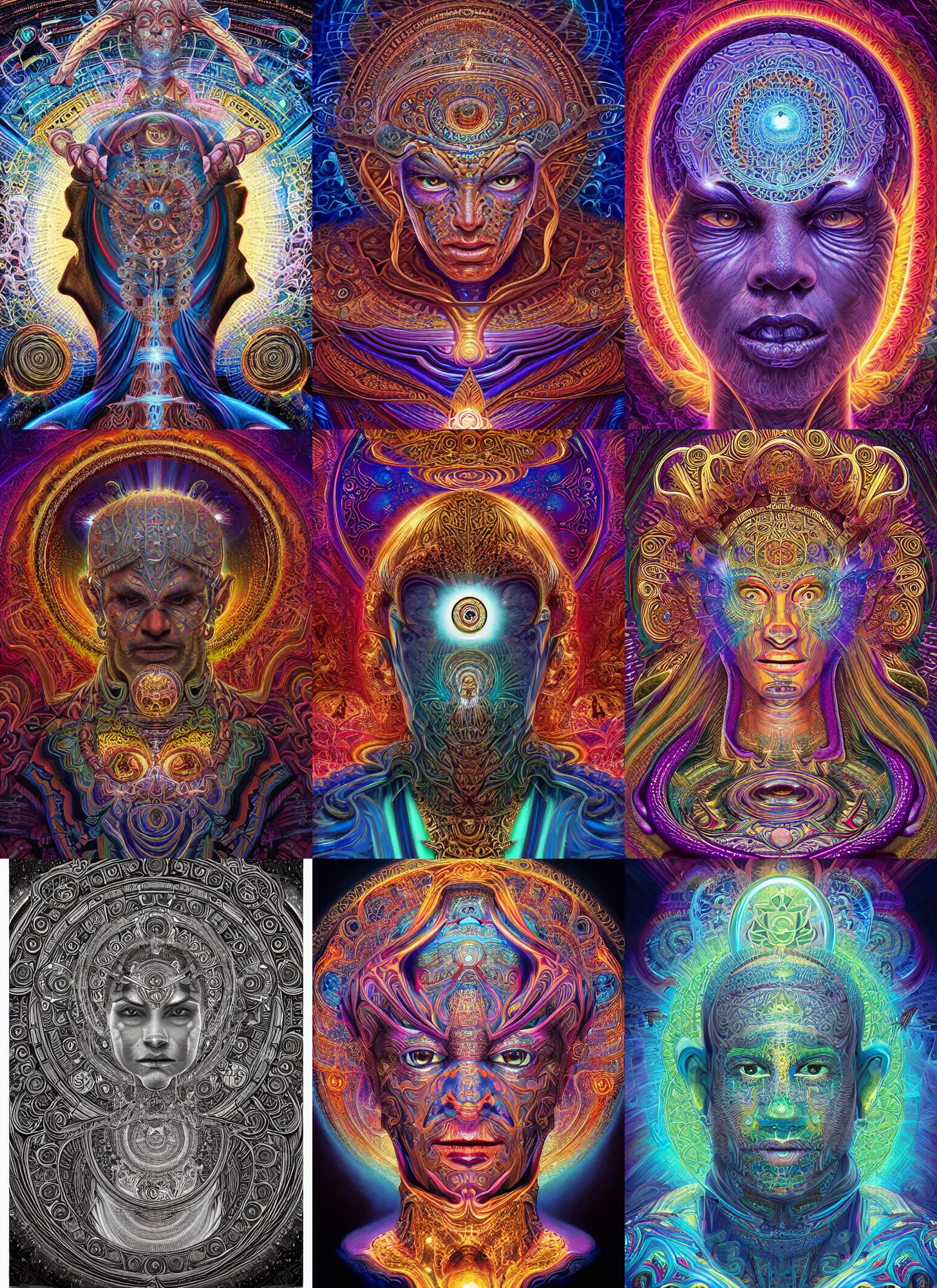 Prompt: a intricate ornate psychedelic image of a god with a glowing third eye, digital art by artgerm, alex grey, dan mumford, felix kelly, psychedelic art, psychedelic, fractalism, fractals, sacred geometry, trending on artstation, hyper realism, highly detailed, cgsociety, octane render, raytracing, 3 d