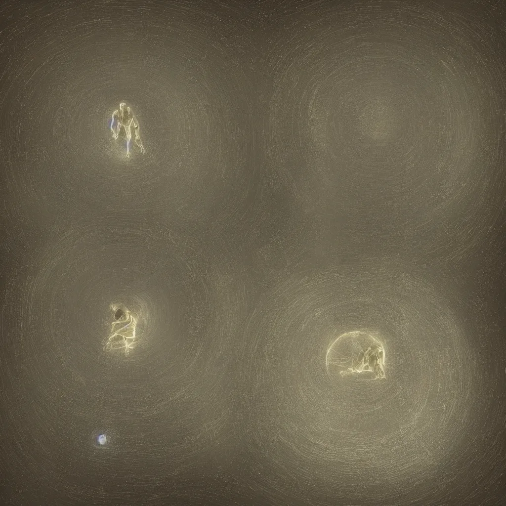 Image similar to “the last human being uploaded to the cloud sitting in a spherical white chamber with the surfaces glowing in gold with consciousness, highly detailed in 4K”