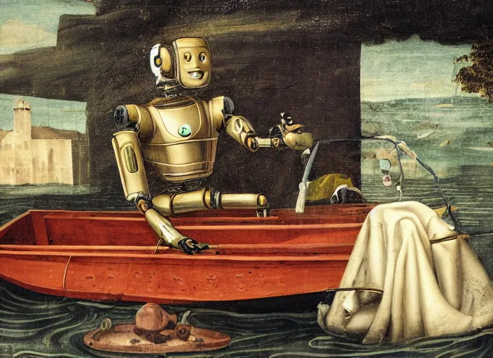 Prompt: a portrait of a robot sitting in a small boat in a renaissance room flooded with water,