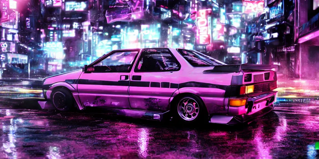 Prompt: toyota ae 8 4 sprinter trueno parked in a cyber punk alley, retrowave, synth colors, photo realistic, 8 k, rain, raytracing, reflections, neon colors,