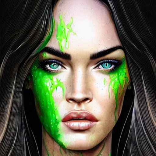 Image similar to megan fox closeup of face dripping green goo. hyperrealistic portrait, photo realistic, poster, artstation, volumetric lighting, digital art, very detailed face by magali villeneuve