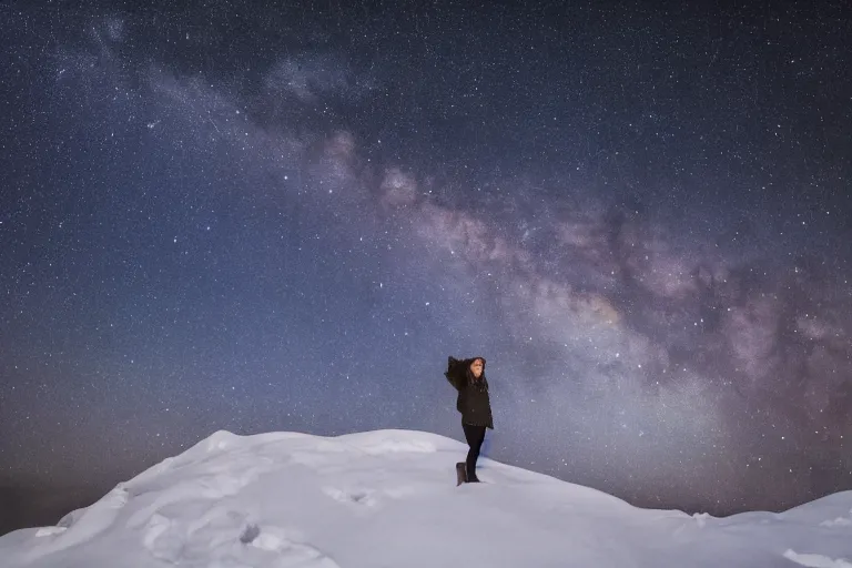 Image similar to a girl standing on a rock in snow and looking up at the milky way