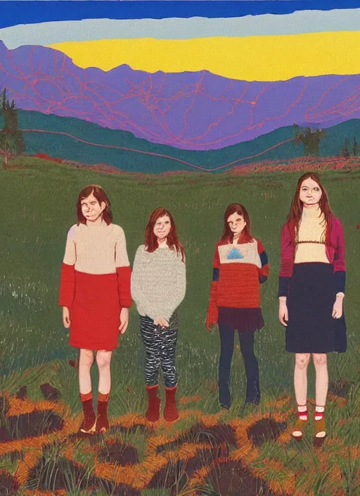 Prompt: composition by justine kurland, a portrait of a group of girls dressed in colorful sweaters in a scenic representation of mother nature and the meaning of life by billy childish, thick visible brush strokes, shadowy landscape painting in the background by beal gifford, vintage postcard illustration, minimalist cover art by mitchell hooks