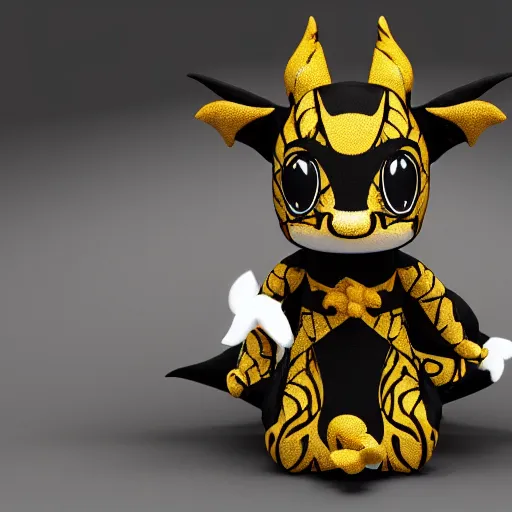 Image similar to a cute fumo plush dragon imp in a traditional patterned black and gold lined uniform, gothic, vray