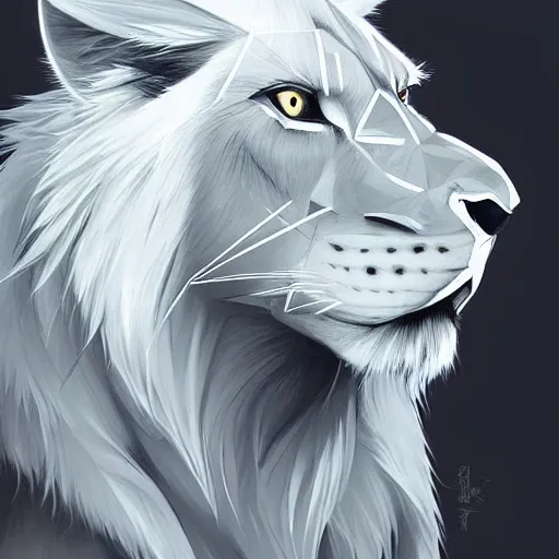 Image similar to aesthetic portrait commission of a albino male furry anthro low-poly lion, Character design by charlie bowater, ross tran, artgerm, and makoto shinkai, detailed, inked, western comic book art, 2021 award winning painting