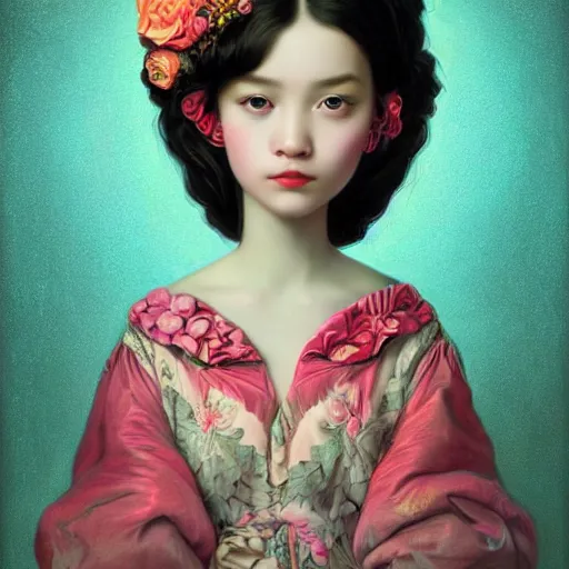 Image similar to a portrait of an beautiful young women, bright colors highly detailed, ultra realistic digital painting, rococo, japonisme, artstation, concept art, pop, smooth, sharp focus, illustration, art by mark ryden 3 d 8 k ultra detailed