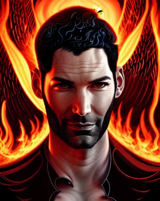 Prompt: tom ellis ( lucifer ) portrait with fire demon wings, fantasy, intricate devilish designs, elegant, highly detailed, sharp focus, art by artgerm and greg rutkowski and wlop