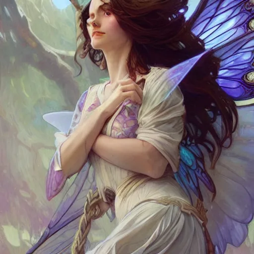 Image similar to A fairy with six wings, D&D, fantasy, highly detailed, digital painting, artstation, smooth, sharp focus, illustration, art by artgerm and greg rutkowski and alphonse mucha