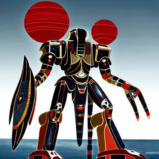 Prompt: Colossal Culturally Egyptian Jaeger Mech named Khepri Atlas from Pacific Rim with large scarab-like head with red orb, Hugo Martin Concept Art