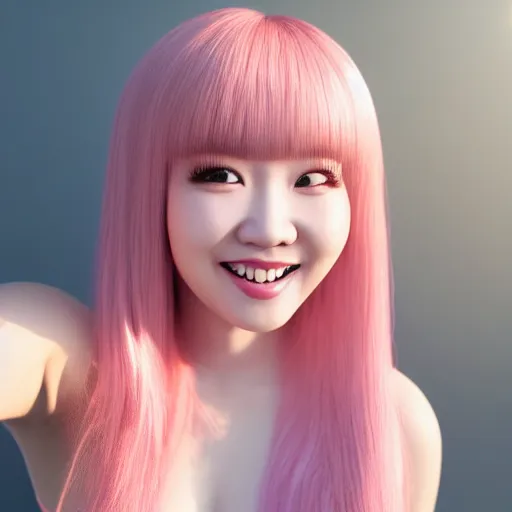 Prompt: beautiful hyperrealism selfie of nikki from shining nikki, a cute 3 d young woman smiling sofly, long light pink hair and full bangs, flushed face, small heart - shaped face, amber eyes, chinese heritage, golden hour, 8 k, instagram