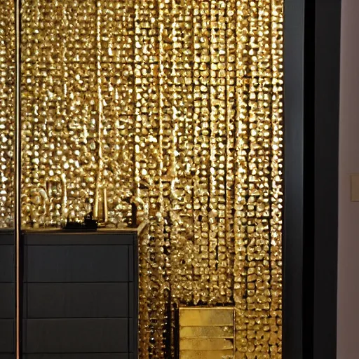 Prompt: a wall made of geometric gold pieces bordered by a copper tinted mirror