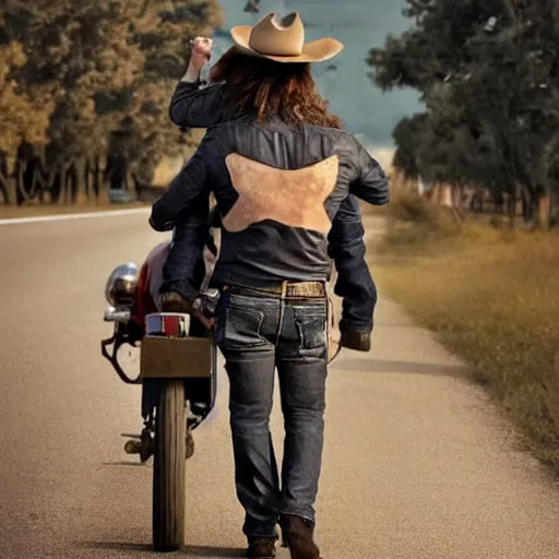 Prompt: a cute little, creature, on the shoulders of a tall, stocky man with long hair and a long trench coat and cowboy hat, next to a motorcycle