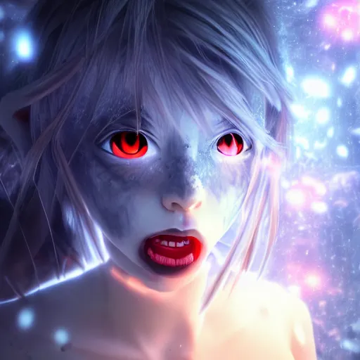 Image similar to photorealistic full body shot of masterpiece angry darkness android anime girl!, beautifull lovely eyes, electric aura with particles, snowing frozen ice, darkness background, inspired by tim burton, detailed, unreal engine 4 k, volumetric light, fog