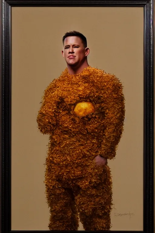 Image similar to channing tatum wearing a tater tot costume, oil on canvas, intricate, 8 k highly professionally detailed, hdr, cgsociety