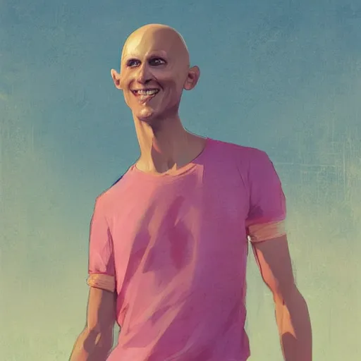 Prompt: bald skinny man in a pink t - shirt and pink pants, digital art, by greg rutkowski