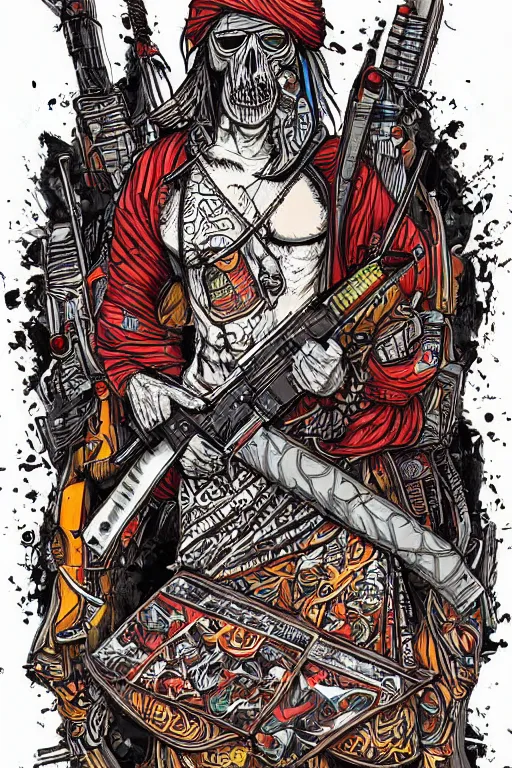 Image similar to taliban anarchy. symmetrical anatomy, very detailed design, complexity of the picture, with pop punk style, colorful, accompanied by body, pure image without duplication, dribble popular, drawn by vinicius gud and gustavo zambelli, intricate, hdd